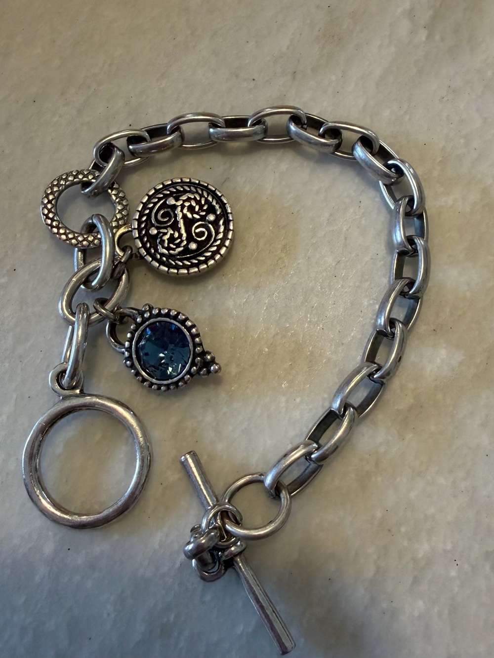 Silver Link Toggle Bracelet with Blue Crystal Charm